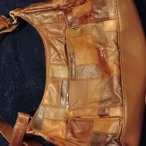 Animal friendly leather, patchwork dark browns, dark oranges, medium browns
